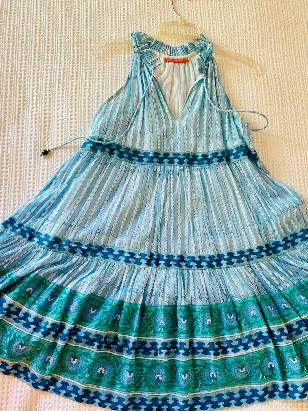 Oliphant Light Blue & White Patterned Halter Swing Cotton Lined Dress Size Med